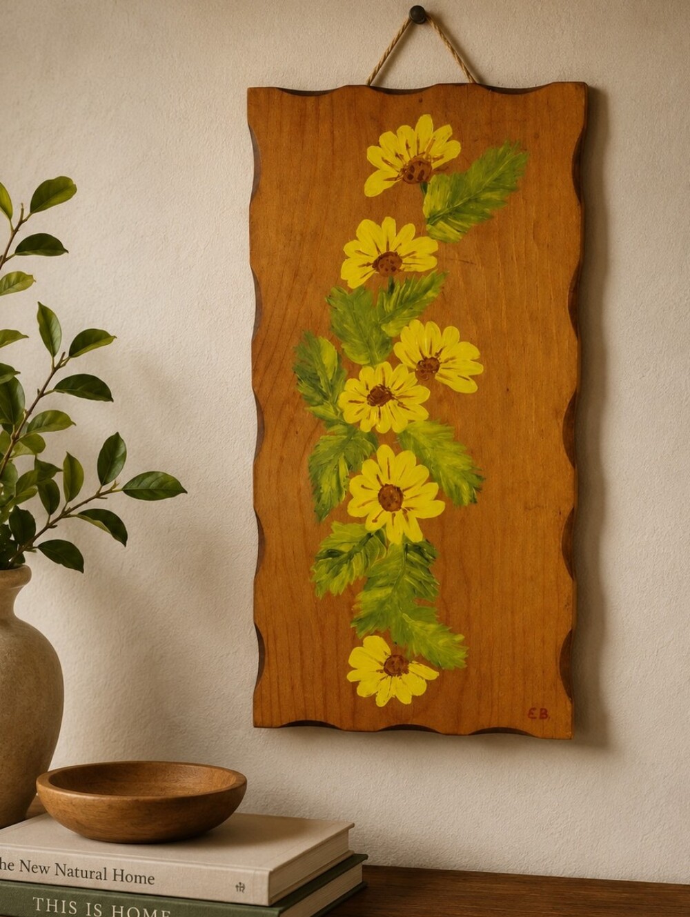 Vintage Folk Art Floral Oil Painting On Wood Plaque Board Signed E.B.
